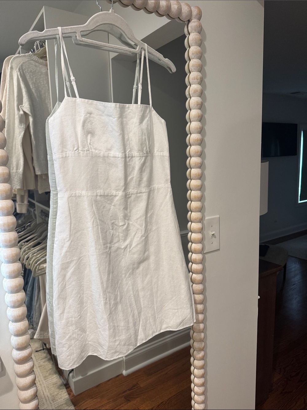 Women's White Linen & Cotton Blend Spaghetti Strap Dress